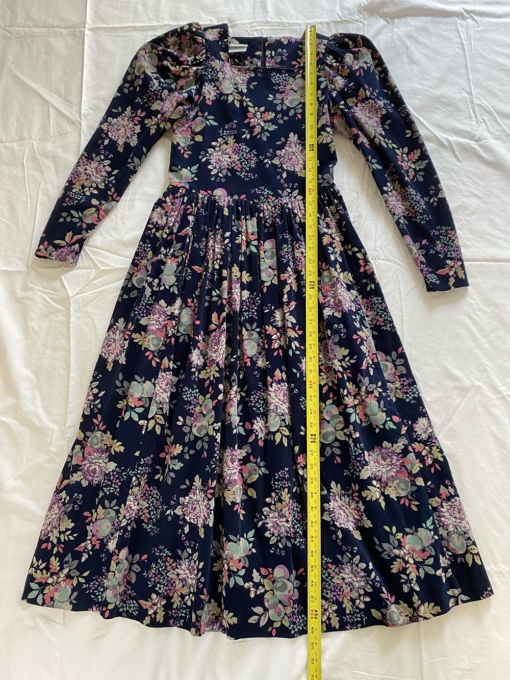 Vintage Laura Ashley Navy Floral Corduroy Long-Sleeve Midi Dress - Picture 12 of 15